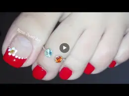Red Flower French Pedicure Nail Art Tutorial- DIY Toe Nail Art Designs for Beginners | Rose Pearl
